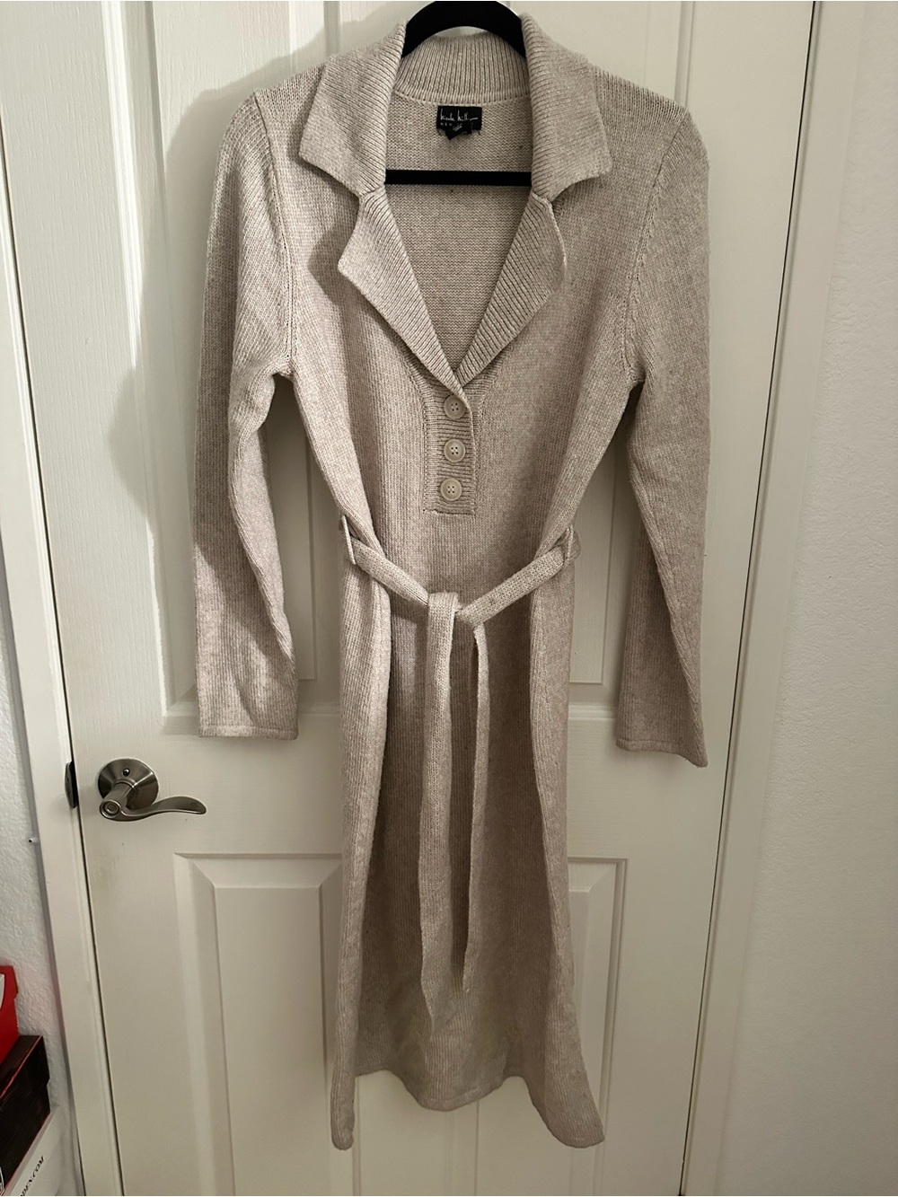 Nicole Miller Beige Knit Belted Sweater Dress